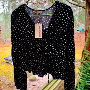 Rewind black white polka dot long-sleeve cropped v-neck top shirt